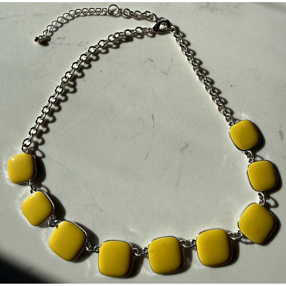 Yellow Square Station Statement Necklace Silver Tone Cable Chain 9 Stones Adj